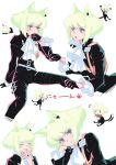  1boy androgynous animal_ears belt black_gloves black_jacket c_kihara cat_ears cat_tail catboy chibi closed_eyes cravat earrings finger_licking gloves green_hair half_gloves highres jacket jewelry licking lio_fotia male_focus open_mouth promare short_hair smile solo tail violet_eyes 