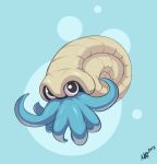  absurdres artist_name black_eyes blue_background dated english_commentary gen_1_pokemon highres nicholas_theil no_humans omanyte pokemon pokemon_(creature) shell shiny shiny_skin signature simple_background solo tentacles two-tone_background 