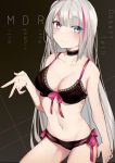  1girl bangs black_bra black_panties blue_eyes bra breasts character_name collarbone eyebrows_visible_through_hair girls_frontline grey_hair heterochromia highres lace lace-trimmed_bra lingerie long_hair looking_at_viewer mdr_(girls_frontline) medium_breasts multicolored_hair navel panties pink_eyes smile solo streaked_hair tittu two-tone_hair underwear underwear_only 