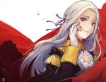  1girl blood blood_on_face cape cravat edelgard_von_hresvelg english_commentary epaulettes fire_emblem fire_emblem:_three_houses gloves high_collar highres long_hair looking_at_viewer looking_to_the_side military military_uniform parted_lips purple_ribbon red_cape ribbon silver_hair uniform velahka violet_eyes white_gloves 
