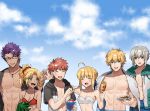  1boy 4boys artoria_pendragon_(all) artoria_pendragon_(swimsuit_archer) bedivere bikini blonde_hair blue_eyes closed_eyes commentary emiya_shirou eyebrows_visible_through_hair fate/apocrypha fate/extra fate/grand_order fate/stay_night fate_(series) gareth_(fate/grand_order) gawain_(fate/extra) green_eyes grey_hair highres kmk knights_of_the_round_table_(fate) lancelot_(fate/grand_order) mordred_(fate) mordred_(fate)_(all) mordred_(swimsuit_rider)_(fate) multiple_boys prydwen purple_hair red_bikini red_scrunchie redhead scrunchie short_hair swimsuit swimsuit_of_perpetual_summer violet_eyes 