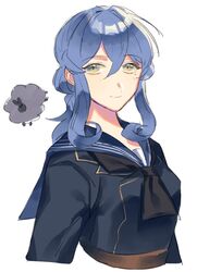  1girl 1other black_neckwear blue_eyes blue_hair blue_sailor_collar gotland_(kantai_collection) hair_between_eyes hair_bun kantai_collection long_hair military military_uniform mole mole_under_eye neckerchief sailor_collar sheep simple_background smile su_konbu uniform upper_body white_background 