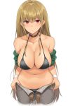  1girl absurdres bangs bare_shoulders belt bikini black_bikini black_choker blonde_hair blush breasts brown_belt character_request choker commentary_request copyright_request cowboy_shot eyebrows_visible_through_hair grey_shorts hair_between_eyes halterneck highres large_breasts long_hair looking_at_viewer navel phano_(125042) red_eyes shorts sidelocks simple_background solo standing stomach swimsuit white_background wristband 