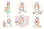 1girl ;o alicia_(pop&#039;n_music) animal_bag apron bed biting blanket blue_bow blue_dress blush_stickers bow bowtie candy candy_apple canopy_bed clothes_grab cooking cracking_egg cup dress eating egg eggshell food food_on_face green_eyes hair_bow hairband holding holding_food holding_spoon holding_stuffed_animal leoharju long_hair looking_at_viewer looking_down multiple_views on_bed one_eye_closed pajamas pantyhose pillow pink_footwear pink_hair playing pop&#039;n_music print_dress pudding reaching rubbing_eyes saucer shoes short_sleeves simple_background sitting spilling spoon standing strangling stuffed_animal stuffed_bunny stuffed_toy tablecloth tea teacup translated tube under_covers white_apron white_background white_legwear yellow_bow yellow_neckwear 