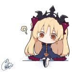  1girl ? bangs barefoot beni_shake black_legwear blonde_hair blue_cloak blue_dress blush bow brown_eyes chibi cloak closed_mouth commentary_request dress earrings ereshkigal_(fate/grand_order) eyebrows_visible_through_hair fate/grand_order fate_(series) full_body fur-trimmed_cloak fur_trim hair_bow infinity jewelry long_hair looking_at_viewer no_shoes parted_bangs red_bow signature single_thighhigh sitting solo thigh-highs tiara two_side_up very_long_hair white_background 
