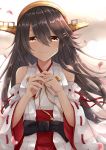  1girl bare_shoulders black_hair blush brown_eyes closed_mouth crying crying_with_eyes_open detached_sleeves eyebrows_visible_through_hair gensoukitan hair_between_eyes hair_ornament hairband hairclip haruna_(kantai_collection) headgear highres japanese_clothes jewelry kantai_collection long_hair looking_at_viewer nontraditional_miko remodel_(kantai_collection) ribbon-trimmed_sleeves ribbon_trim ring smile solo tears wedding_ring 