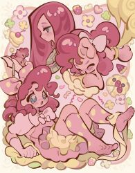  1girl :o balloon bloomers blue_eyes bow bowtie bright_pupils closed_eyes curly_hair dot_nose dress dual_persona elbow_gloves food from_side gloves hair_bow half-closed_eyes highres holding humanization legs_up long_hair lying medium_dress multiple_views my_little_pony my_little_pony:_friendship_is_magic on_back pie pink_bow pink_bowtie pink_dress pink_gloves pink_hair pink_socks pinkie_pie polka_dot polka_dot_bow polka_dot_socks short_sleeves socks thick_outlines three_quarter_view white_pupils yanyannonoz 
