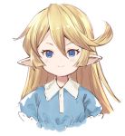  &gt;:) 1girl bangs blonde_hair blue_eyes blue_shirt charlotta_fenia closed_mouth collared_shirt cropped_torso granblue_fantasy hair_between_eyes harvin long_hair looking_at_viewer meito_(maze) pointy_ears puffy_short_sleeves puffy_sleeves shirt short_sleeves simple_background smile solo upper_body v-shaped_eyebrows white_background 