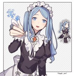 1girl apron blue_hair bridal_gauntlets feather_trim fire_emblem fire_emblem_fates flora_(fire_emblem) frost haconeri maid maid_apron maid_headdress multiple_views snowflakes twintails