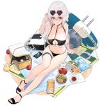  1girl animal anthropomorphization apple arm_support azur_lane bare_legs bare_shoulders beach_mat bikini bird black_background black_bikini black_cat black_footwear black_swimsuit breasts cat cellphone chick choker clavicle cleavage closed_mouth dark_background eyewear_on_head female flying_sweatdrops food frilled_cuffs fruit full_body hair_between_eyes hairband hand_up heart heart-shaped_eyewear heart-shaped_glasses innertube kin_(pixiv3054186) kinven large_breasts legs magazine manjuu_(azur_lane) glasses navel off_shoulder official_art open_toe_shoes phone picnic_basket pitcher red_eyes rigging sandals sandwich scrunchie see-through shadow sheer_clothes short_hair sidelocks simple_background sirius_(azur_lane) sirius_(midsummer_seirios)_(azur_lane) sitting smartphone solo stomach sunglasses swimsuit symbol-shaped_glasses tempura thigh_strap thighs tote_bag transparent_background turret white_background white_hair wrist_scrunchie 