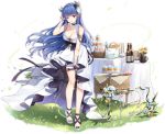  1girl :d alternate_costume armlet azur_lane bangs blue_eyes blue_hair blush breasts cake choker dress eyebrows_visible_through_hair feathers floating_hair food full_body gold hair_feathers hair_tucking heterochromia high_heels horns ibuki_(azur_lane) ibuki_(snow_on_the_wind)_(azur_lane) lace lace_choker large_breasts leaning_forward long_hair looking_at_viewer maya_g official_art open_mouth red_eyes sapphire_(gemstone) sideboob sidelocks solo strapless strapless_dress table tachi-e transparent_background white_dress wind wrist_wrap 