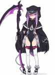  1girl :| absurdres black_cape black_gloves cape chain closed_mouth collar commentary covered_navel expressionless eyes_visible_through_hair fate/grand_order fate_(series) full_body gloves highres hood hooded_cape leotard long_hair looking_at_viewer medusa_(lancer)_(fate) nonono_(mino) purple_hair rider scythe shaded_face sidelocks simple_background solo standing thigh-highs very_long_hair violet_eyes weapon white_background white_legwear 