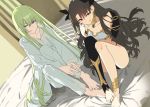  1girl 1other akinashi_yuu androgynous anklet asymmetrical_legwear bangs barefoot bow breasts brown_hair collarbone commentary_request dutch_angle enkidu_(fate/strange_fake) eyebrows_visible_through_hair fate/grand_order fate/strange_fake fate_(series) feet feet_together green_eyes green_hair hair_between_eyes hair_bow hand_up holding_leg ishtar_(fate/grand_order) jewelry knee_to_chest legs licking_lips long_hair parted_bangs red_eyes robe shadow sidelocks single_thighhigh sitting small_breasts thigh-highs toeless_legwear tongue tongue_out very_long_hair 