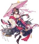  1girl alternate_costume azur_lane bangs blush boots braid breasts brown_footwear brown_hair cannon cherry_blossoms chestnut_mouth closed_mouth criin cross-laced_footwear eyebrows_visible_through_hair full_body gloves hair_between_eyes hair_ornament hair_ribbon high_heel_boots high_heels holding holding_umbrella horns lace-up_boots long_hair long_sleeves looking_at_viewer medium_breasts mikasa_(azur_lane) official_art oriental_umbrella pink_ribbon ribbon rigging side_braid single_braid solo star star-shaped_pupils symbol-shaped_pupils turret umbrella watermark white_gloves wide_sleeves 