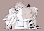  1girl animal bangs bare_legs barefoot black_cat braid calico cat closed_eyes couch envy_(otoca_d&#039;or) hair_ornament leoharju long_hair monochrome no_hat no_headwear on_couch otoca_d&#039;or pillow pillow_hug simple_background sitting sleeping sleeping_upright snoring twin_braids very_long_hair zzz 