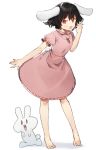  1girl :d animal_ears bangs barefoot black_hair blush bunny_tail carrot_necklace commentary_request dress full_body hand_up highres inaba_tewi kasuka_(kusuki) looking_at_viewer open_mouth pink_dress puffy_short_sleeves puffy_sleeves rabbit rabbit_ears red_eyes shadow short_hair short_sleeves simple_background smile solo standing tail touhou white_background 