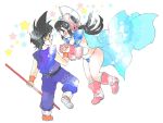  1boy 1girl :d aqua_cape armor bikini bikini_armor black_eyes black_hair blue_eyes blush boots cape chi-chi_(dragon_ball) dougi dragon_ball dragon_ball_(classic) facing_away fingernails floating floating_hair full_body gloves hands_together happy helmet holding holding_hands holding_weapon long_hair messy_hair nyoibo open_mouth pale_color pastel_colors pink_footwear pink_gloves profile red_footwear simple_background smile son_gokuu spiky_hair standing standing_on_one_leg star starry_background straight_hair swimsuit utai_yumi weapon white_background wristband 