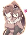  2girls bangs black_legwear breasts brown_eyes brown_hair carrying cherry_blossoms closed_eyes english_text eyebrows_visible_through_hair flower hair_flower hair_ornament hair_scrunchie headgear kantai_collection long_hair long_sleeves multiple_girls piggyback ribbed_sweater scrunchie short_hair shorts sidelocks simple_background smile souji sweater white_background yamato_(kantai_collection) yukikaze_(kantai_collection) 