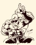  1boy abs bald beard dragon_ball dragon_ball_(classic) facial_hair fighting_stance highres ink_(medium) lee_(dragon_garou) male_focus monochrome muscle muten_roushi shirtless signature solo squatting sunglasses traditional_media upper_body veins 