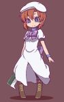  1girl aliasing back_bow bangs beret black_legwear blue_eyes boots bow breasts brown_footwear brown_hair closed_mouth commentary_request dress full_body happy hat hatchet higurashi_no_naku_koro_ni holding holding_weapon looking_at_viewer nazonazo_(nazonazot) purple_background purple_bow ryuuguu_rena shiny shiny_hair short_hair short_sleeves simple_background small_breasts smile solo standing weapon white_dress white_headwear wristband 