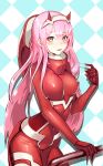  1girl absurdres argyle argyle_background bangs blue_eyes blush bodysuit breasts covered_navel cowboy_shot darling_in_the_franxx doha_skylightscent gloves hairband highres horns long_hair looking_at_viewer medium_breasts oni_horns pink_hair red_bodysuit red_gloves red_horns saliva simple_background solo standing very_long_hair white_hairband zero_two_(darling_in_the_franxx) 