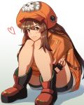  1girl backpack bag blush boots brown_hair commentary_request crossed_arms fingerless_gloves full_body gloves guilty_gear guilty_gear_2020 hat heart highres leg_hug looking_at_viewer may_(guilty_gear) orange_eyes orange_headwear orange_hoodie orange_shirt pirate_hat shirt sitting skull_and_crossbones solo tsuki_mawari_randolph 