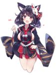  1girl :d animal_ear_fluff animal_ears azur_lane bangs black_hair black_kimono blush breasts cat_ears eyebrows_visible_through_hair fang harenchi head_tilt heart heart-shaped_pupils highres japanese_clothes kimono large_breasts long_hair long_sleeves looking_at_viewer mask mask_on_head open_mouth paw_pose red_eyes short_kimono sideboob simple_background smile solo symbol-shaped_pupils white_background wide_sleeves yamashiro_(azur_lane) 