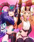  2girls :d ;d bare_shoulders black_legwear blonde_hair blurry blurry_foreground blush brown_eyes chinese_clothes club commentary_request creature crop_top depth_of_field detached_sleeves dudou eyeshadow facial_mark fang fate/grand_order fate_(series) forehead_mark fundoshi gradient_hair groin headpiece heart highres holding horns ibaraki_douji_(fate/grand_order) ibaraki_douji_(swimsuit_lancer)_(fate) japanese_clothes long_hair long_sleeves looking_at_viewer makeup mikomiko_(mikomikosu) multicolored_hair multiple_girls navel one_eye_closed oni oni_horns open_mouth pink_hair purple_hair purple_sleeves short_eyebrows shuten_douji_(fate/grand_order) shuten_douji_(halloween_caster)_(fate) smile spiked_club star star_print thick_eyebrows thigh-highs twintails two-handed very_long_hair violet_eyes weapon wide_sleeves 