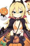  1girl abercrombie_(azur_lane) azur_lane belt black_gloves blonde_hair blue_eyes blush bra breasts cape collarbone commentary_request fake_horns gloves grin hair_between_eyes hair_ornament hairclip headband highres long_hair looking_at_viewer manjuu_(azur_lane) pumpkin ribbon shorts simple_background small_breasts smile solo tonari_(ichinichime_azuma) underwear white_background 