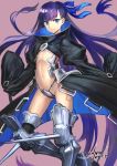  1girl armored_boots bangs black_coat blue_eyes blue_ribbon boots closed_mouth crotch_plate fate/extra fate/extra_ccc fate_(series) flat_chest hair_ribbon highres long_hair long_sleeves looking_at_viewer meltryllis navel ninnin_(shishitou) pink_background purple_hair revealing_clothes ribbon simple_background sleeves_past_fingers sleeves_past_wrists solo thighs very_long_hair 