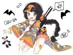  1girl black_hair blush bow character_name chinese_clothes collarbone doodle fangs girls_frontline hair_bow halloween headband highres long_braid long_hair looking_at_viewer ofuda open_mouth panda pumpkin qbu-88_(girls_frontline) rifle_on_back simple_background solo stuffed_animal stuffed_toy urim_(paintur) weapon white_background yellow_eyes 