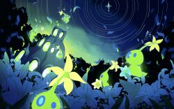  absurdres blue_eyes colored_skin field flower flower_field fukkatsu_no_maya ghost_tail glow_pikmin glowing green_skin highres holding light_particles lily_(flower) looking_at_viewer looking_back lumiknoll night night_sky no_humans outdoors outstretched_arms petals pikmin_(creature) pikmin_(series) pikmin_4 scenery sky solid_circle_eyes sparkle star_(sky) starry_sky tree twitter_username white_flower yellow_flower 