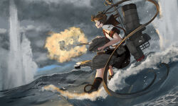  1girl adapted_turret anchor_symbol ayanami_(kancolle) ayanami_kai_ni_(kancolle) black_sailor_collar black_skirt day hair_ribbon holding holding_turret kantai_collection kuragare long_hair miniskirt ocean outdoors pleated_skirt ribbon rigging sailor_collar school_uniform serafuku side_ponytail skirt smokestack socks solo torpedo_launcher turret very_long_hair 