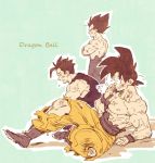  3boys :d abs amepati aqua_background arm_support bare_shoulders black_eyes black_hair boots chest closed_eyes copyright_name crossed_arms dirty dirty_clothes dirty_face dougi dragon_ball dragon_ball_z father_and_son finger_to_cheek frown full_body gloves grin leaning leaning_forward male_focus multiple_boys nervous nipples open_mouth outline pants serious shirt simple_background sitting smile son_gohan son_gokuu spiky_hair standing sweatdrop torn_clothes torn_pants torn_shirt vegeta white_gloves white_outline wristband 