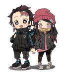  :d alternate_costume arm_at_side backpack bag beanie black_footwear black_hair black_jacket black_pants brown_eyes checkered chibi contemporary crescent dododov2 earrings facial_scar full_body gradient_hair hair_slicked_back hat holding_hands holding_strap jacket jewelry kamado_nezuko kamado_tanjirou kimetsu_no_yaiba long_hair long_sleeves looking_at_viewer mouth_hold multicolored_hair open_mouth pants pink_eyes red_headwear scar shoes side-by-side simple_background smile standing track_pants white_background white_footwear 