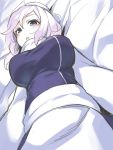  1girl apron asutora bed_sheet blush breasts commentary cowboy_shot dress hair_between_eyes large_breasts lavender_hair letty_whiterock long_sleeves looking_at_viewer lying on_back parted_lips purple_dress short_hair solo touhou violet_eyes waist_apron white_apron white_headwear 