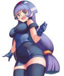  1girl bangs bare_shoulders black_gloves black_legwear blush boots breasts commentary_request dress from_below glasses gloves gluko hair_ornament headdress headset large_breasts long_hair open_mouth purple_hair rokumon_tengai_mon_colle_knight rotix simple_background smile solo thigh-highs thigh_boots violet_eyes white_background 