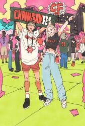  4girls 6+boys angel_devil_(chainsaw_man) arm_up back beam_(chainsaw_man) black_hair black_shirt blonde_hair bracelet chainsaw_man commentary_request cup denim denji_(chainsaw_man) full_body future_devil_(chainsaw_man) hand_in_pocket hat hayakawa_aki higashiyama_kobeni highres himeno_(chainsaw_man) hirokazu_arai_(chainsaw_man) holding holding_cup hood hoodie horns jeans jewelry katana_man_(chainsaw_man) long_hair looking_at_viewer mask multiple_boys multiple_girls pants pink_sky pochita_(chainsaw_man) power_(chainsaw_man) purple_shirt red_horns redhead sawatari_akane_(chainsaw_man) sharp_teeth shirt short_hair shorts sky socks takeuchi_ryousuke teeth tomato_devil_(chainsaw_man) v violence_fiend_(chainsaw_man) white_shirt white_wings wings 