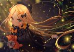  1girl abigail_williams_(fate/grand_order) bangs black_bow black_dress black_headwear blonde_hair blue_eyes blush bow closed_mouth dress eyebrows_visible_through_hair fate/grand_order fate_(series) forehead hair_bow hat long_hair long_sleeves looking_at_viewer object_hug orange_bow parted_bangs polka_dot polka_dot_bow ribbed_dress sleeves_past_fingers sleeves_past_wrists smile solo stuffed_animal stuffed_toy teddy_bear very_long_hair yano_mitsuki 