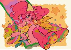  :d bare_arms bare_shoulders blue_eyes body_freckles boots bow bright_pupils dot_nose fluffy_hair freckles full_body hair_bow hand_up highres holding humanization large_bow long_hair looking_at_viewer my_little_pony my_little_pony:_friendship_is_magic off-shoulder_shirt off_shoulder pink_footwear pink_hair pinkie_pie shirt sitting smile star_(symbol) swing swinging tareme thick_outlines white_pupils yanyannonoz yellow_background yellow_bow yellow_shirt 