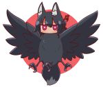  1girl animal animal_ear_fluff animal_ears animalization bangs bird black_hair blush eyebrows_visible_through_hair fox_ears fox_girl fox_tail hair_between_eyes hair_bun hair_ornament kemomimi-chan_(naga_u) long_hair looking_at_viewer naga_u original red_background red_eyes solo tail two-tone_background white_background yatagarasu 