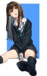  1girl blue_background blurry_foreground brown_hair digital_media_player earphones eyebrows_visible_through_hair green_eyes highres idolmaster idolmaster_cinderella_girls jacket kakaobataa legs_apart listening long_hair looking_up miniskirt open_mouth pleated_skirt school_uniform shibuya_rin simple_background sitting skirt solo 