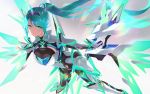  1girl armor armored_bodysuit bangs blush bodysuit breasts cait detached_wings earrings energy_wings floating_hair gem gloves hair_ornament headpiece highres jewelry large_breasts leaning_forward light_particles long_hair looking_at_viewer neon_trim pneuma_(xenoblade) ponytail sidelocks smile solo swept_bangs tiara very_long_hair wings xenoblade_(series) xenoblade_2 