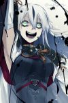  1girl black_blood black_hair breasts crazy_eyes crazy_smile dated detached_sleeves fate/grand_order fate_(series) graphite_(medium) green_eyes highres long_hair medium_breasts multicolored_hair nagao_kagetora_(fate) traditional_media twitter_username two-tone_hair white_hair 