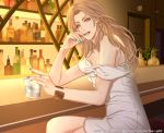  1girl alcohol bar blue_nails bottle bracelet cup dated dress earrings ice ice_cube indoors jewelry light_brown_hair long_hair looking_at_viewer nuts912 off-shoulder_dress off_shoulder official_art ring sitting solo stool watermark white_dress wine_bottle yellow_eyes 