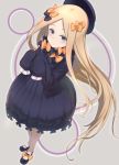  1girl abigail_williams_(fate/grand_order) bangs black_bow black_dress black_footwear black_headwear blonde_hair blue_eyes blush bow closed_mouth dress fate/grand_order fate_(series) forehead grey_background hair_bow highres liom_kazuya long_hair long_sleeves looking_at_viewer multiple_bows orange_bow parted_bangs ribbed_dress sleeves_past_fingers sleeves_past_wrists smile solo very_long_hair 