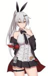  1girl :3 bare_shoulders black_jacket black_skirt bow bowtie breasts brown_eyes cero_(last2stage) closed_mouth cowboy_shot earrings five-seven_(girls_frontline) frills girls_frontline grey_hair grey_shirt hair_ornament hand_up highres jacket jewelry large_breasts long_hair long_sleeves looking_at_viewer miniskirt off_shoulder open_clothes open_jacket pleated_skirt ponytail pouch shirt simple_background skirt sleeveless sleeveless_shirt smile solo thigh_strap thighs white_background 
