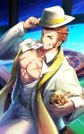  1boy abs bara beard belt blue_eyes blush brown_hair card chest cup drinking_glass drinking_straw facial_hair fate/grand_order fate_(series) hat highres holding holding_hat ice long_sleeves looking_at_viewer male_focus muscle napoleon_bonaparte_(fate/grand_order) one_eye_closed open_clothes pants pectorals playing_card scar scarf sideburns smile solo teeth thighs uniform upper_body waku_(ayamix) 