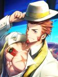  1boy abs alternate_costume bara beard blue_eyes blush brown_hair card chest facial_hair fate/grand_order fate_(series) hat highres long_sleeves looking_to_the_side male_focus muscle napoleon_bonaparte_(fate/grand_order) one_eye_closed open_clothes pectorals scar scarf sideburns solo waku_(ayamix) 