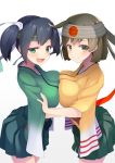  1girl blue_hair breast_press breasts brown_eyes brown_hair cowboy_shot green_eyes green_hakama green_kimono hair_ribbon hakama hakama_skirt headband hiryuu_(kantai_collection) japanese_clothes kantai_collection kimono large_breasts looking_at_viewer mofu_namako orange_kimono ribbon short_hair simple_background solo souryuu_(kantai_collection) symmetrical_docking twintails white_background 